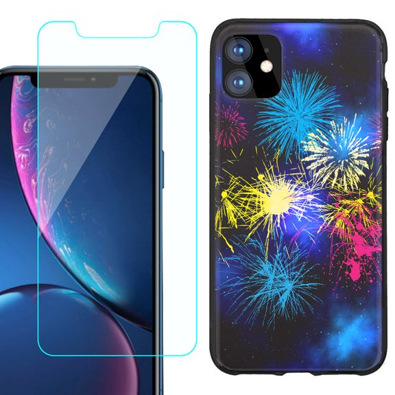 For Apple iPhone 11 Phone Case , Slim-Fit TPU Protective Case (Black), with Tempered Glass Screen Protector, by OneToughShield ® - Fireworks