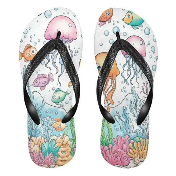 Unisex Comfort Flip Flops Summer Thong Sandals Non Slip Soles Flip Flop for Beach, Pool, and Daily Wear Colorful Jellyfish and Fish XS