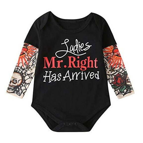 StylesILove Infant Baby Boys Ladies Mr. Right Has Arrived Tattoo Sleeve Black Cotton Bodysuit Romper (70/3-6 Months)