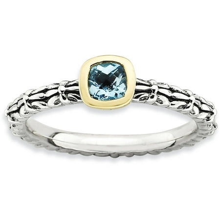 Stackable Expressions Checker-Cut Blue Topaz Sterling Silver and 14kt Gold Ring