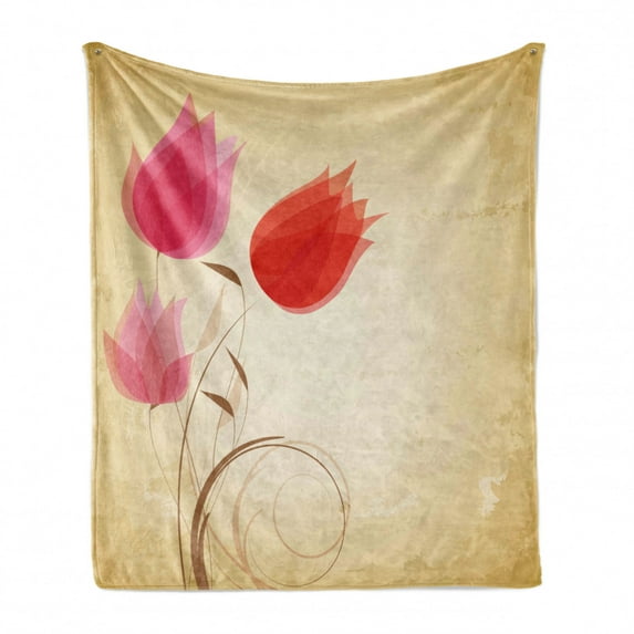 Floral Soft Flannel Fleece Blanket, Tulips Flourishing Hazy Florets Essence Nature Beauty Themed Flower Design, Cozy Plush for Indoor and Outdoor Use, 50" x 60", Sand Brown Red Pink, by Ambesonne