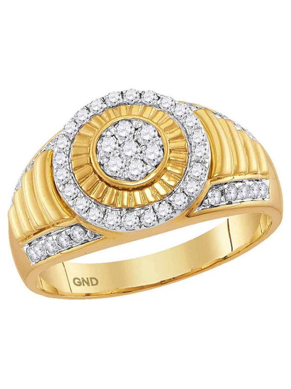 10kt Yellow Gold Mens Round Diamond Cluster Concentric Circle Ribbed Ring 3/4 Cttw