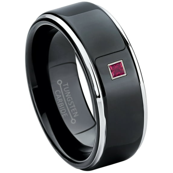 0.05ctw Princess Cut Ruby Tungsten Ring - 8MM Polished Black IP Stepped Edge Tungsten Carbide Wedding Band - July Birthstone Ring - 14kt White Gold Bezel - TN118PS-1RBs8.5