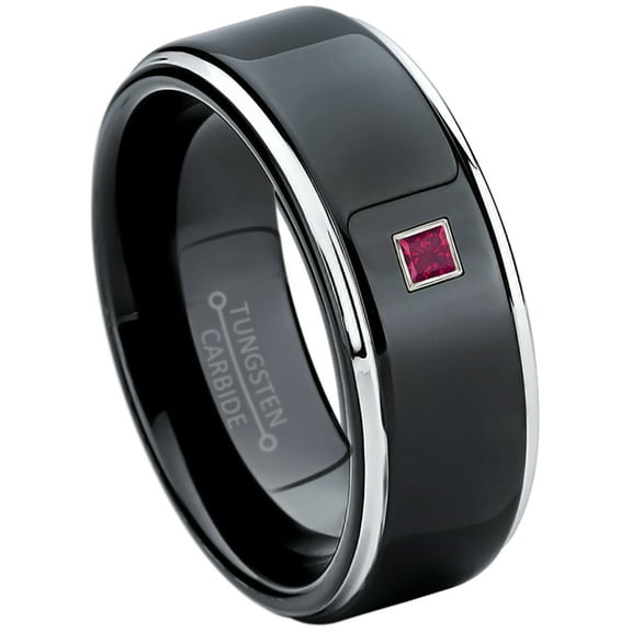 0.05ctw Princess Cut Ruby Tungsten Ring - 8MM Polished Black IP Stepped Edge Tungsten Carbide Wedding Band - July Birthstone Ring - 14kt White Gold Bezel - TN118PS-1RBs7.5