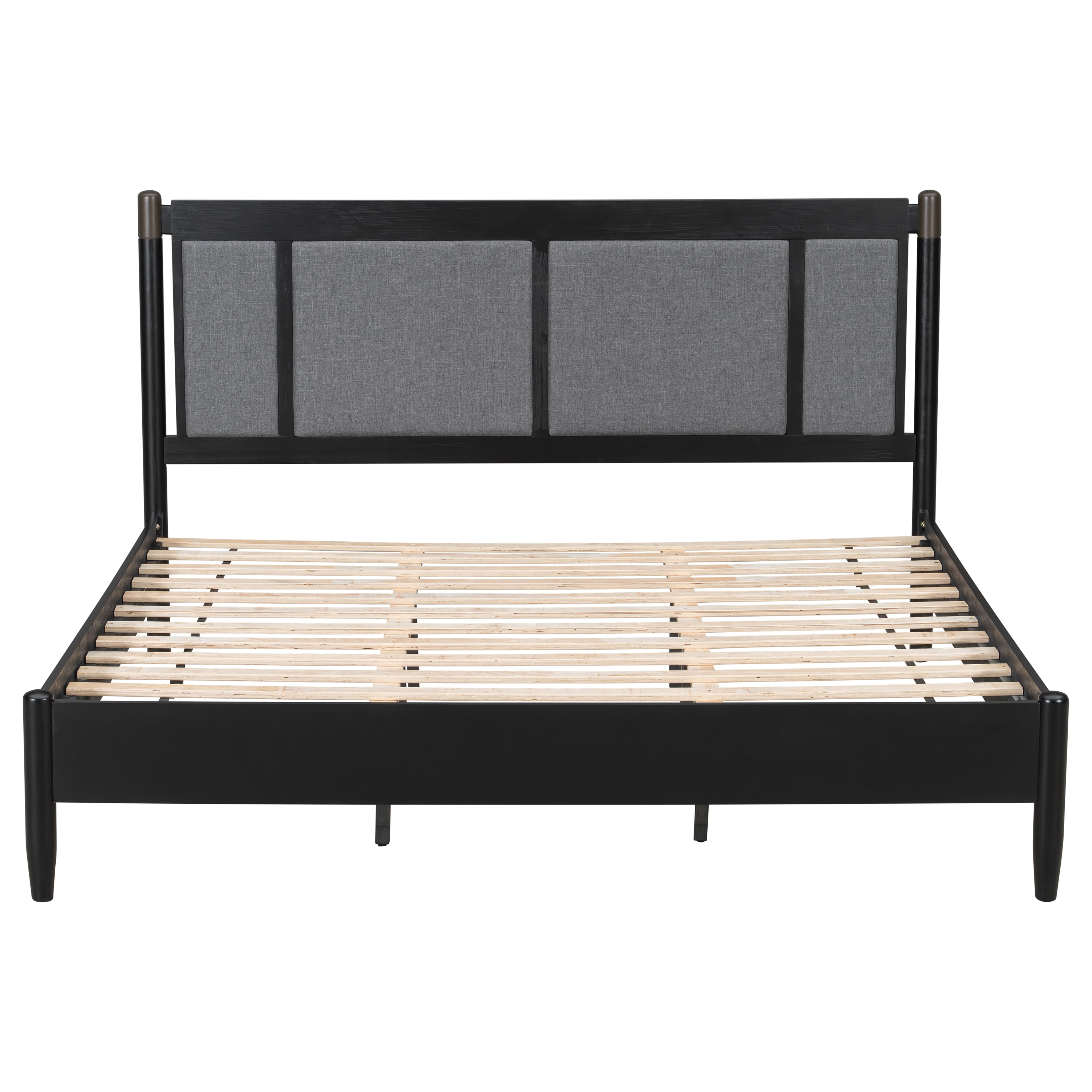 King Bed Frame 81 Inch, Solid Wood Platform Bed with Upholstered Headboard and Metal Handles, Heavy Duty Bed Frame with 600 lbs Support, Black