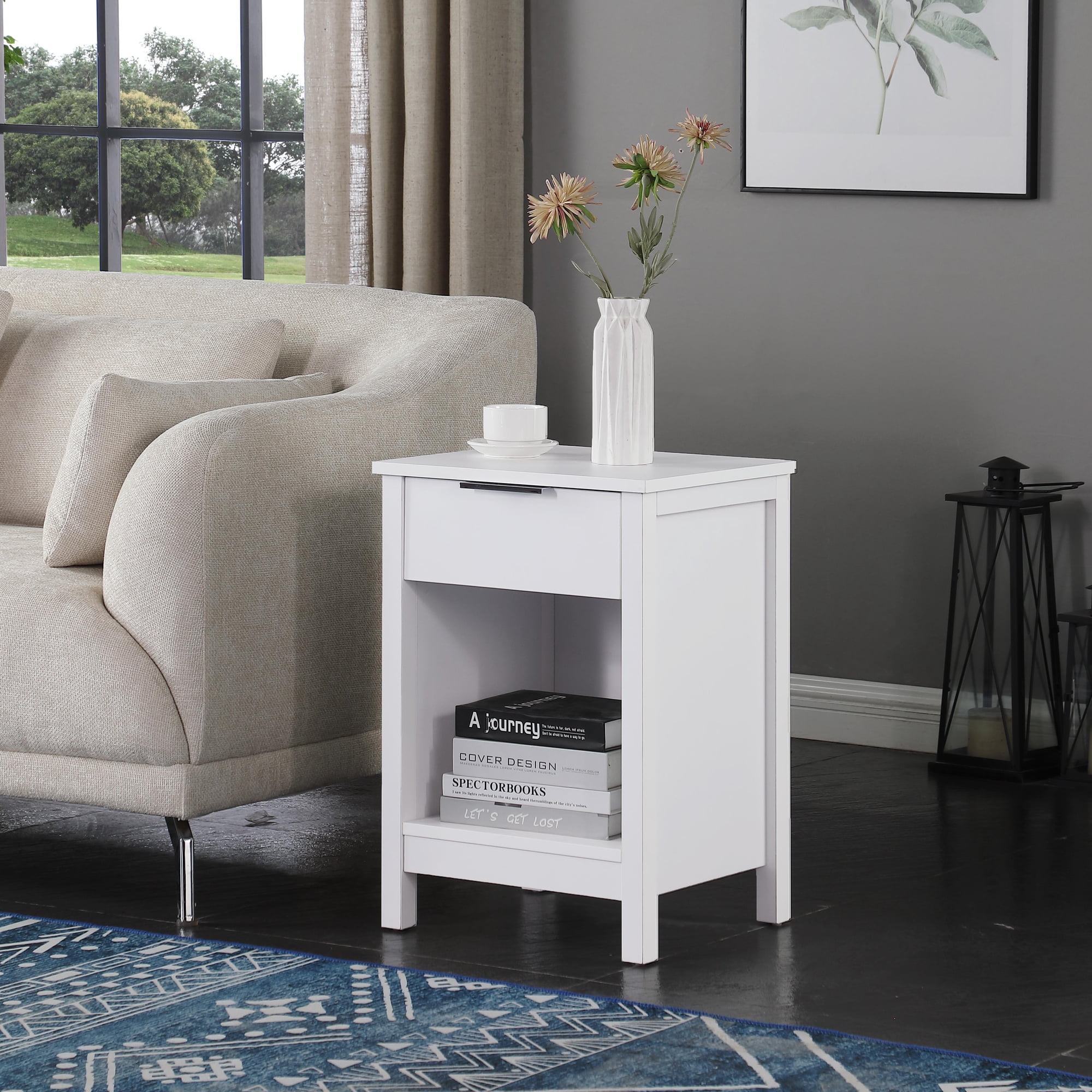 A-HOME Nightstand with Drawer - 3 Tier Bedside Table Retro White End Table with Storage Shelves Bedroom Living Room - Particle Board