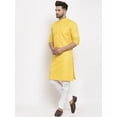 thumbnail image 1 of eloria Men's Traditional Yellow Solid Cotton Blend Mandarin Neck Straight Kurta with Churidar, 1 of 7