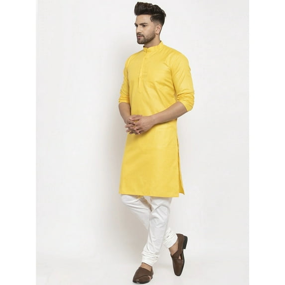 eloria Men's Traditional Yellow Solid Cotton Blend Mandarin Neck Straight Kurta with Churidar