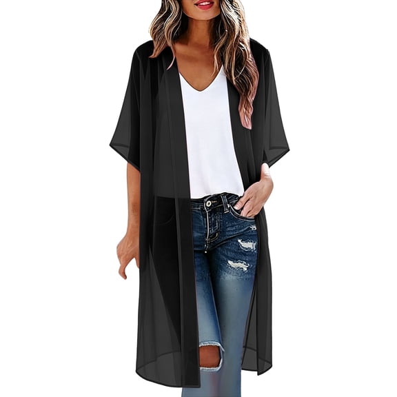 LEKODE Women Solid Chiffon Short Half Sleeve Open Front Kimono Maxi Long Duster Loose Fit Casual Summer Beach Swim Layering Cover Up Outerwear Black L