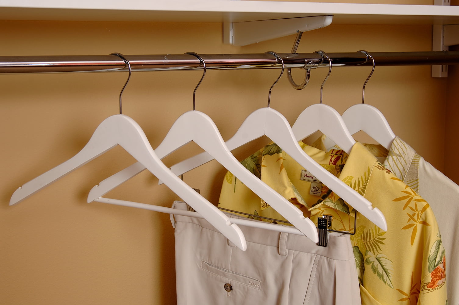 White Wood Combo Hanger w/ Cushion Clips, (Box of 50) Space Saving 17 Inch Flat Wooden Hangers w/ Chrome Swivel Hook & Notches for Shirt Jacket or Dress by International Hanger