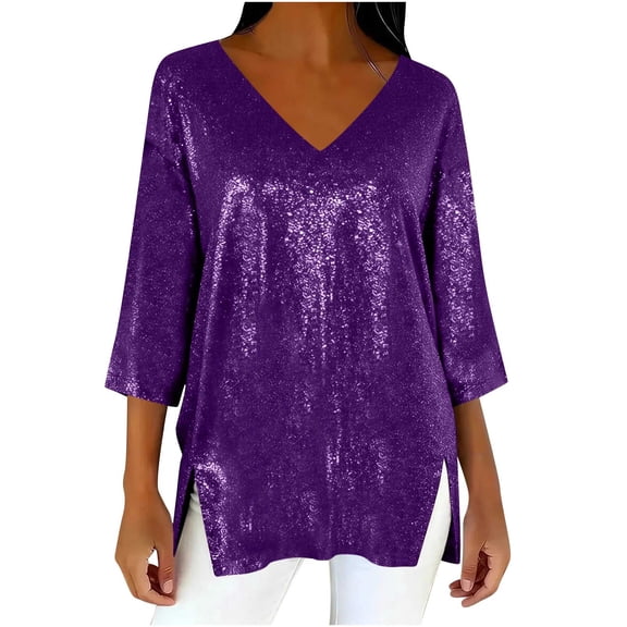 Sexlip Womens V Neck Blouse 3/4 Sleeve Sequin Design Shiny Fabric Flowy Silhouette for Evening Occasions Purple L