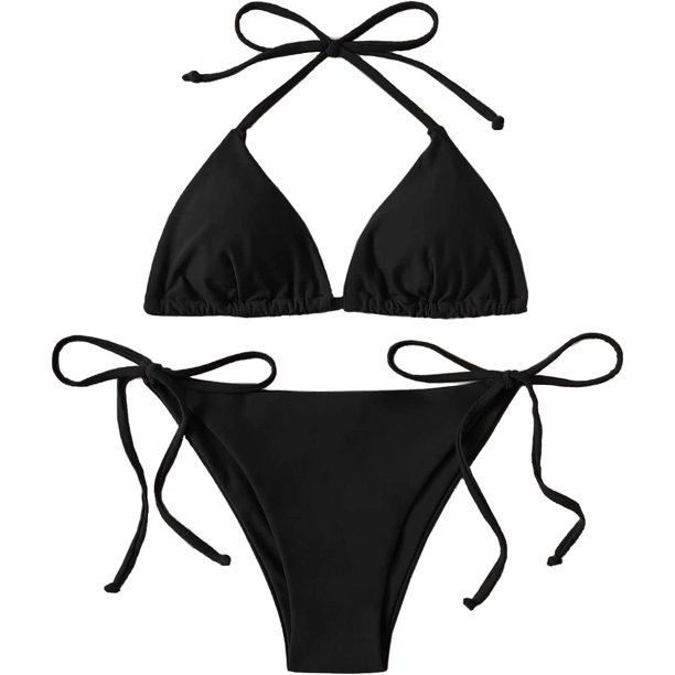 Traje de baño para mujer, conjunto de bikini triangular, con lazo lateral, ropa de playa Negro - G Negro - G Xishao ropa