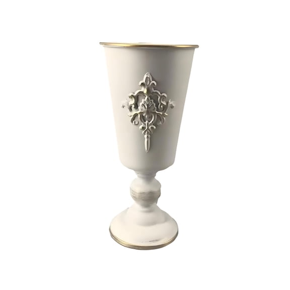CCMAOLU Tall Metal Urn Planter Distressed White Finish,Rustic Farmhouse Pedestal Vase for Floral Arrangements,Vintage Roman Flower Pot for Wedding Centerpiece,Indoor Outdoor Decor for Home and Garden