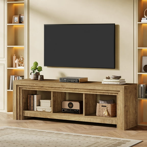 Finmind TV Stand for TVs Up to 75 Inches, Farmhouse 63 InchEntertainment Center with Open Storage, Media Console for Living Room, Natural Oak