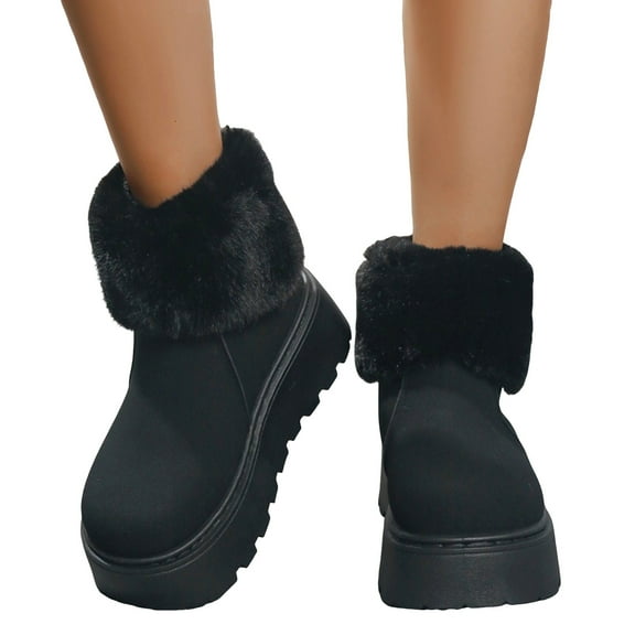 Suede Platform Winter Boots for Women Fold Over Fuzzy Plush High Top Round Toe Ankle Snow Boooties