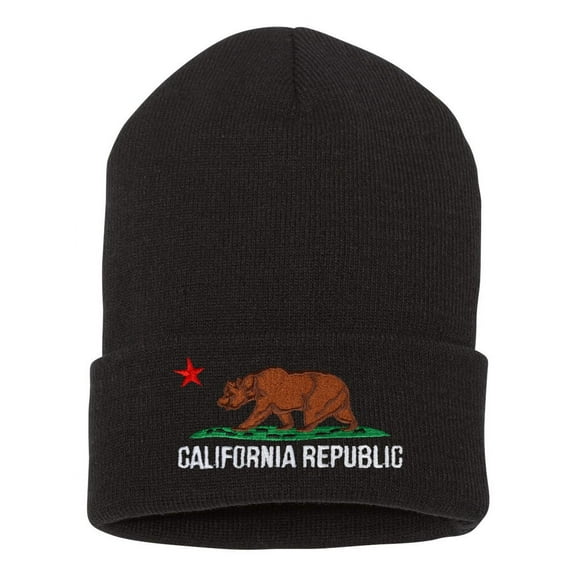 Top Headwear Men's California Republic Bear Long Cuff Beanie Embroidered, Black