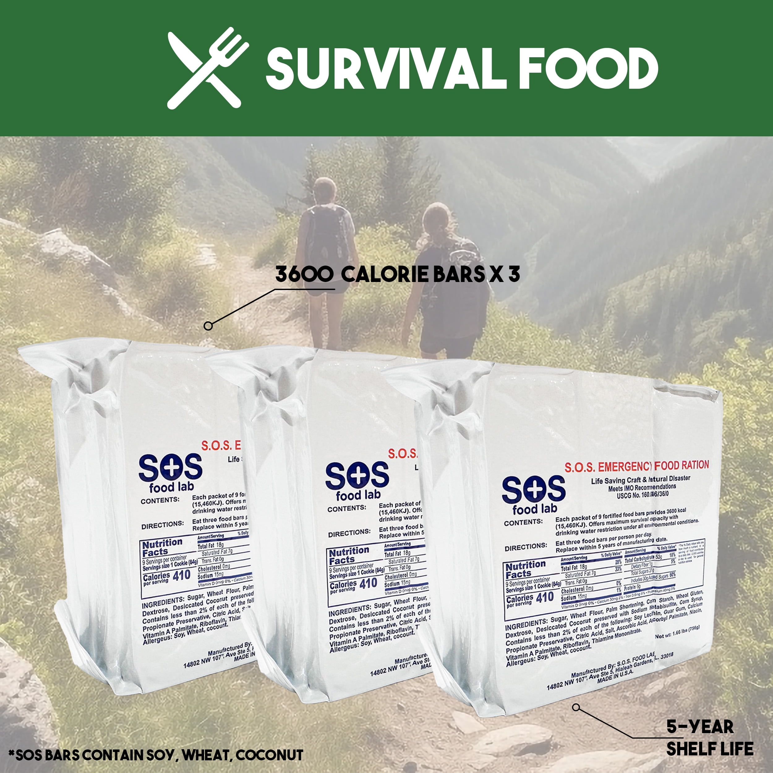 3 Person 72 Hour Survival Bug Out Bag with Backpack, Food, Water, and Shelter