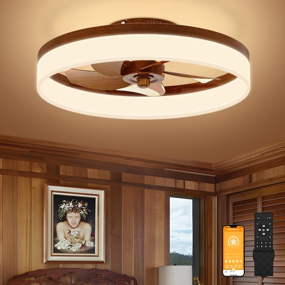 Ventilador de techo VOLISUN de 50 cm con luz LED regulable y control remoto, acabado nogal