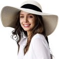 thumbnail image 1 of Sombrero de paja con ala ancha y protector solar para mujer, color blanco, con protección solar UPF 50, sombrero de verano acolchado, plegable y enrollable, sombrero de playa para mujer, 1 of 4