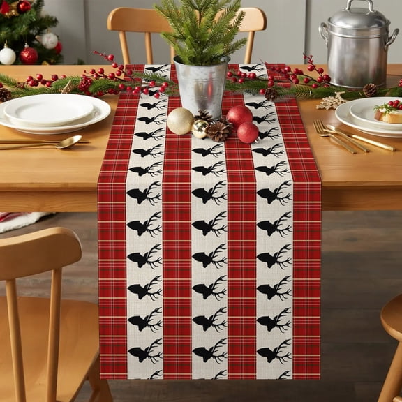 Table Runner 36 Inches Long - Vintage Reindeer on Linen Decorative Table Scarf, Red Geometric Plaid Dining Table Runners for Wedding Party Kitchen Dining Tables