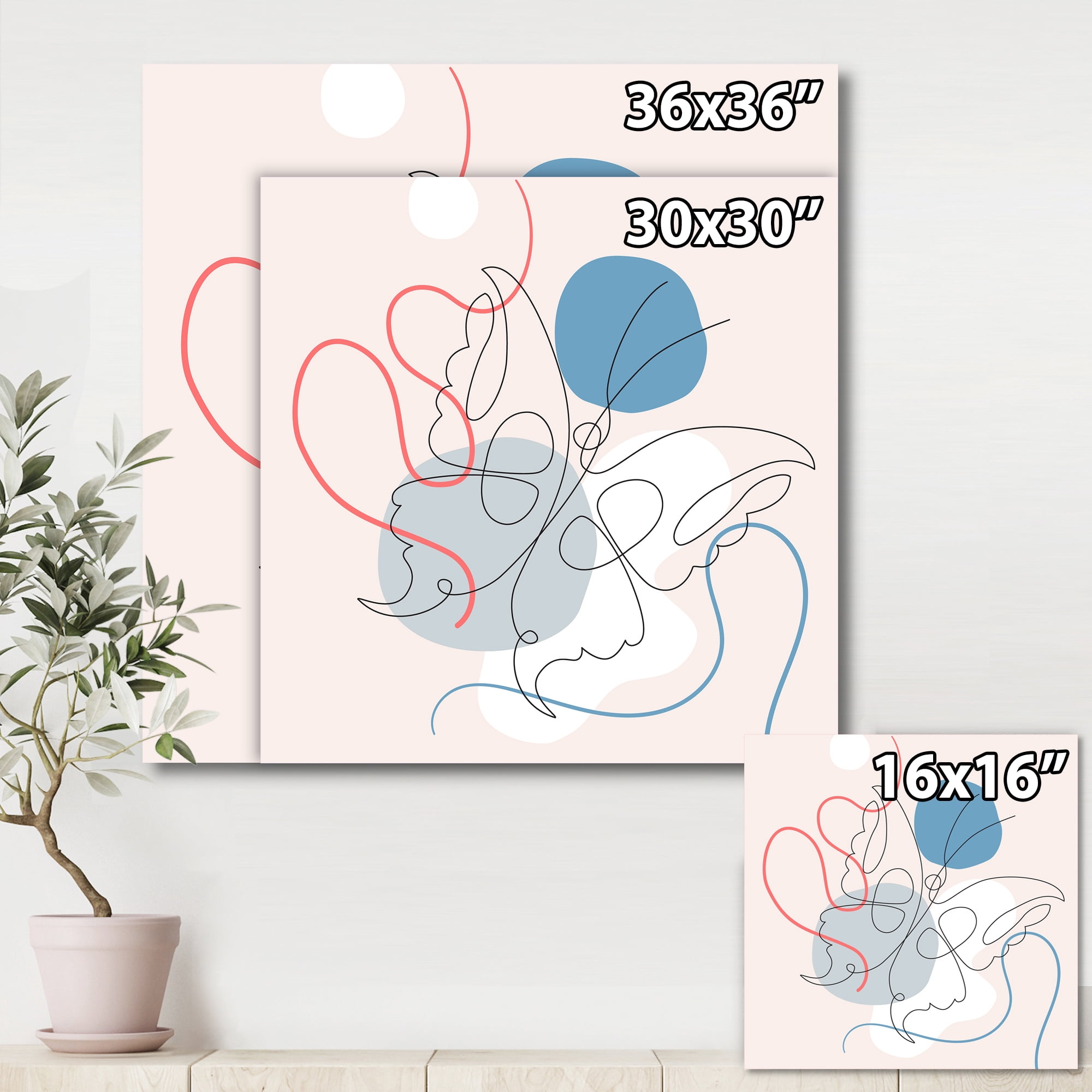 Designart ' Butterfly With One Line Drawing On Cubism Shapes I ' Modern Canvas Wall Art Print