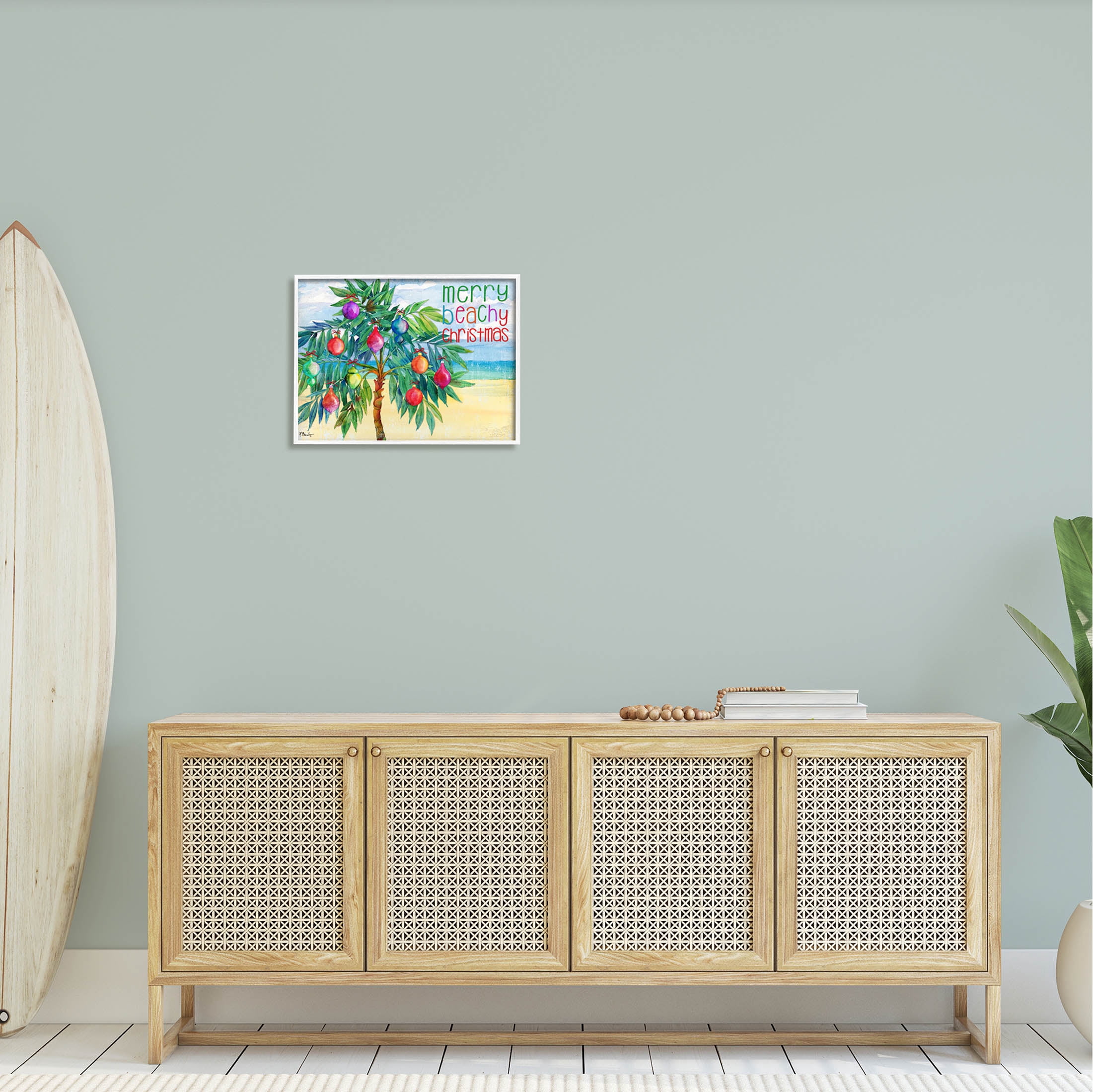 Stupell Industries Merry Beachy Christmas Holiday Palm Graphic Art White Framed Art Print Wall Art, Design by Paul Brent