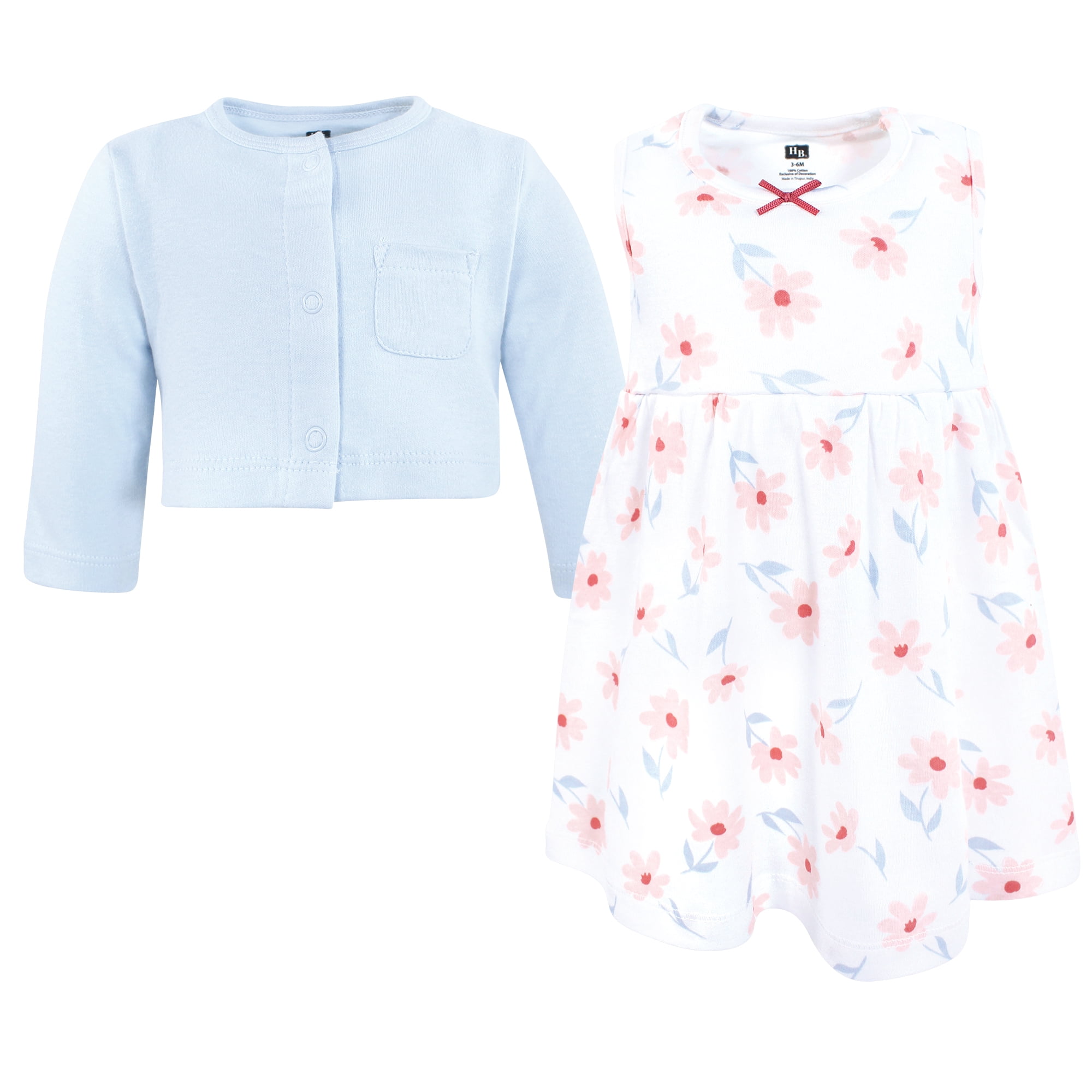 Hudson Baby Infant and Toddler Girls Cotton Dress and Cardigan Set, Pink Blue Flower, 4T