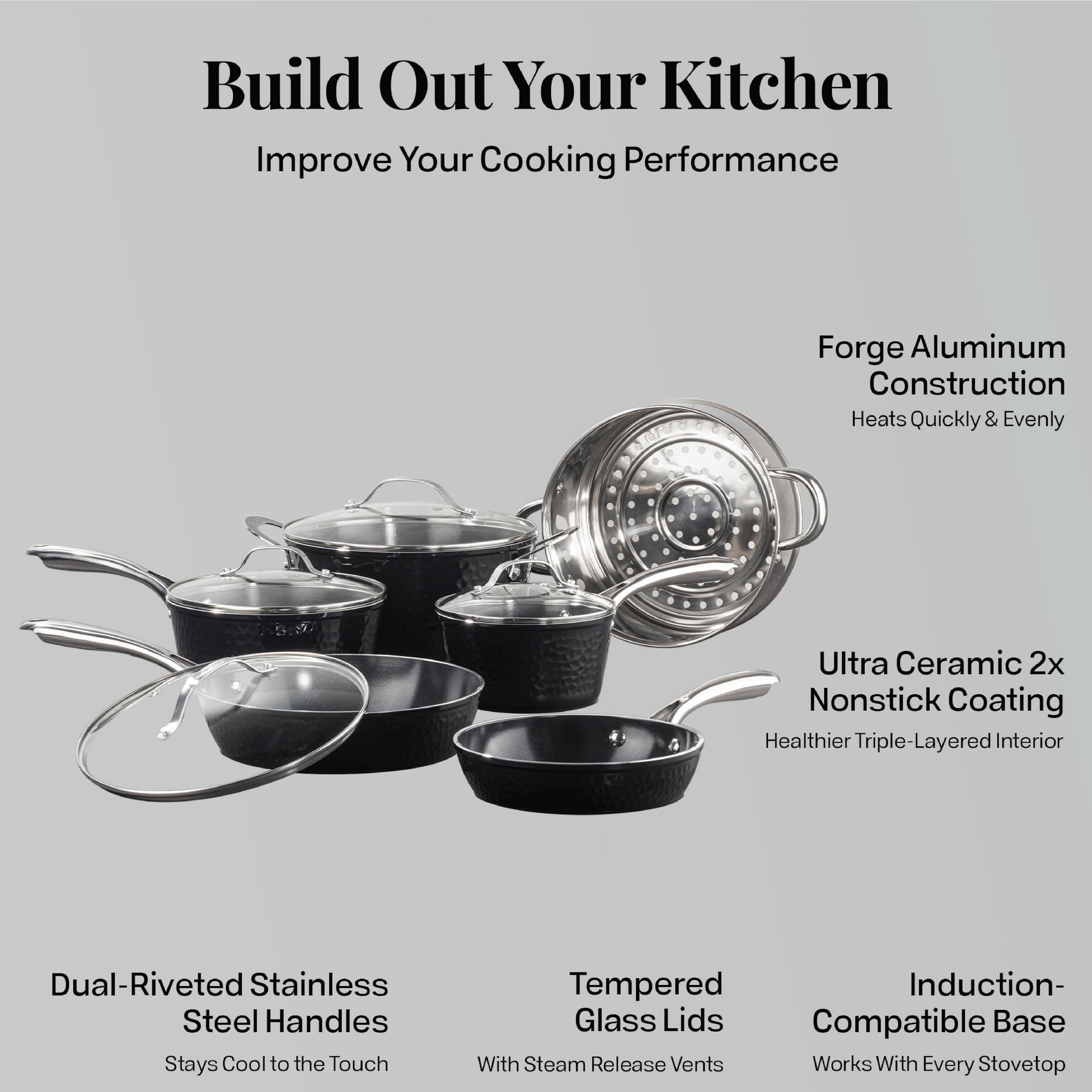 Gotham Steel Hammered 15 Pc Ceramic Pots and Pans Set Non stick, Ceramic Cookware Set with Utensils, Pots and Pans for Cooking, Non Toxic Pot and Pan Set, Kitchen Set, Oven/Dishwasher Safe, Black