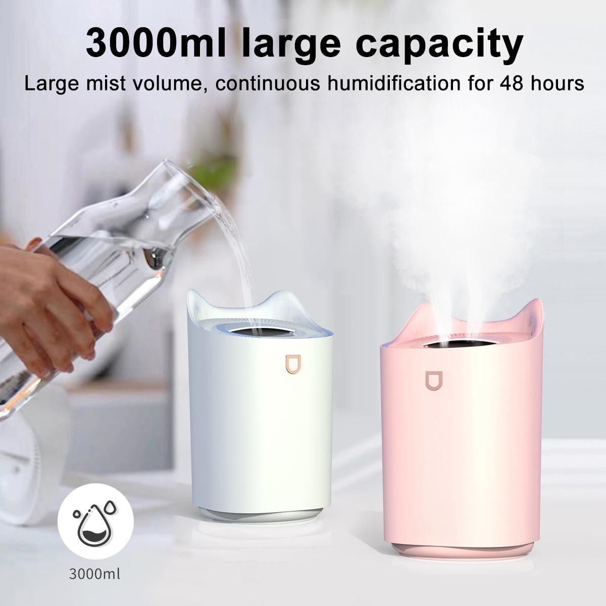 RAPOBRIX 3L Cool Mist Ultrasonic Humidifier - Top Fill with Colorful Cat LED Light