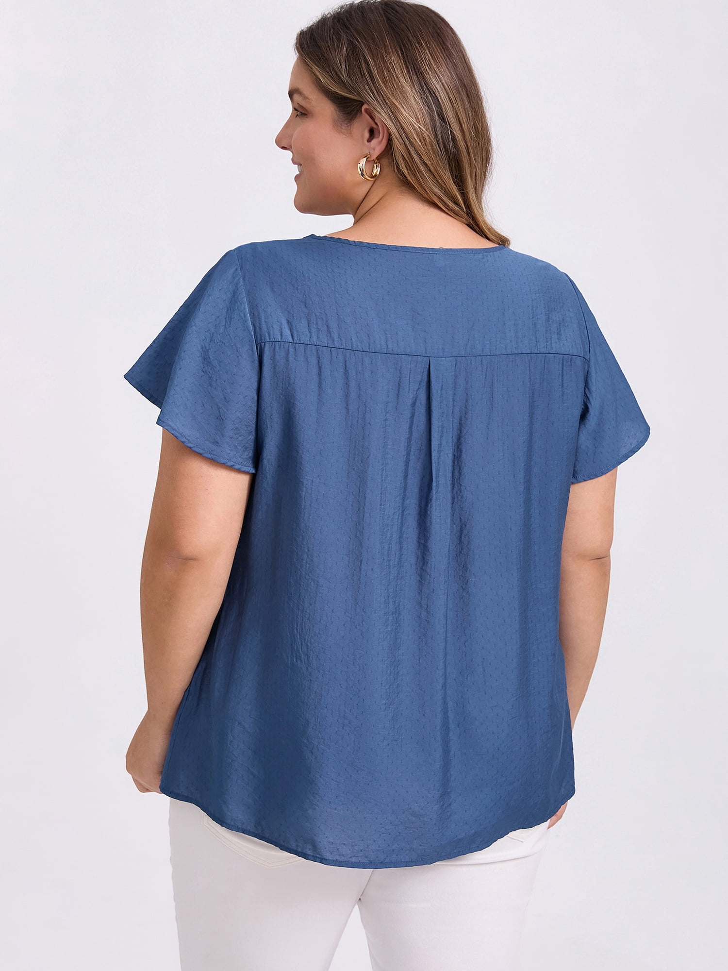 DARING DIVA Women's Plus Crew Neck Ruffle Casual Blouse 2X Dark Blue