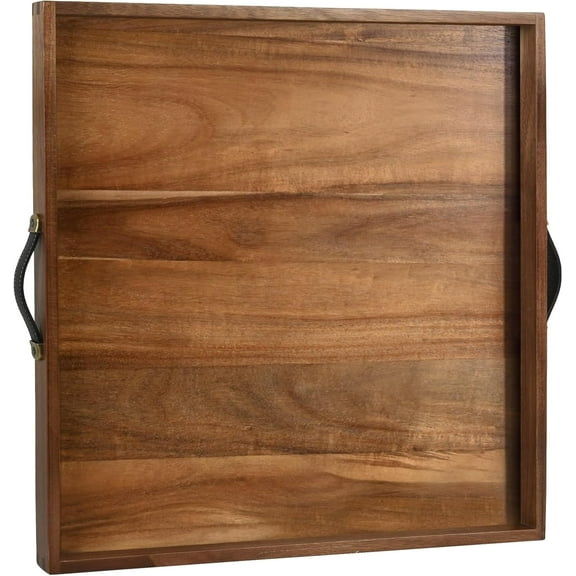 Extra Large Square Ottoman Tray for Living Room Coffee Table 21 x 21 Inch Decorative Acacia Wooden Serving Tray with Leather Handles for Breakfast in Bed Dinner Food TV (Color Natural)