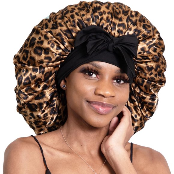 LAICAIW Bonnet Queen Silk Bonnet for Sleeping Satin Bonnet Hair Bonnet Jumbo Bonnet Double Layer Bonnet Adjustable Tie Bonnets for Braids Night Hair Wrap For Women Curly Hair Leopard