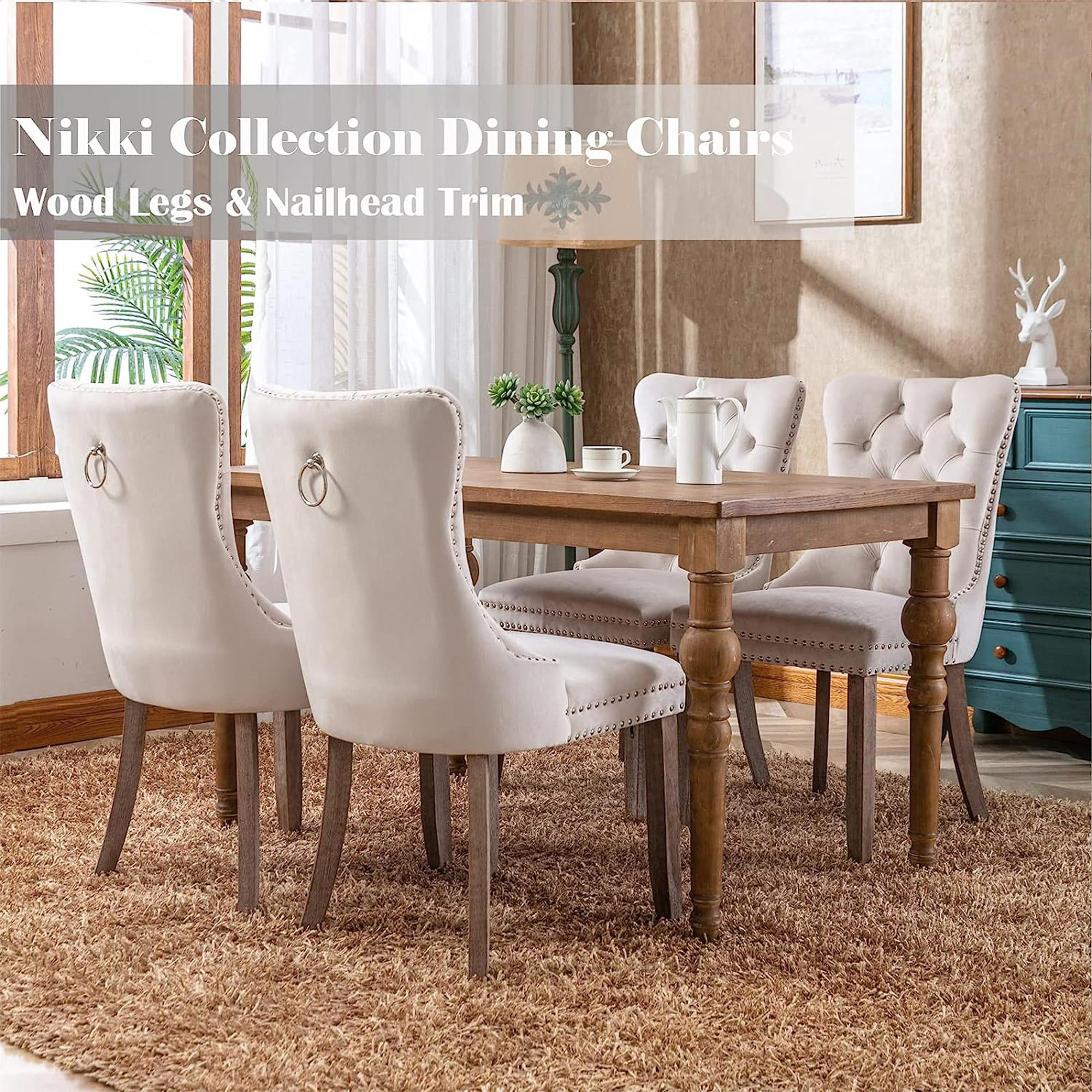 PORKISS Dining Chairs Set of 4, Upholstered High-End Tufted Dining Room Chair with Back Ring and Nailhead Trim, Modern Velvet Chairs with Solid Wood Legs for Kitchen,Beige