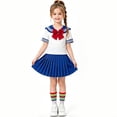 thumbnail image 5 of ZXLBBD Girls Fall School Uniform 2 Piece Set Short Sleeve Striped Collar Top with Pleated Skirt Kids Back to School Outfits for Girls Clothes Sets,Blue,Size 6 Y-7 Y, 5 of 7