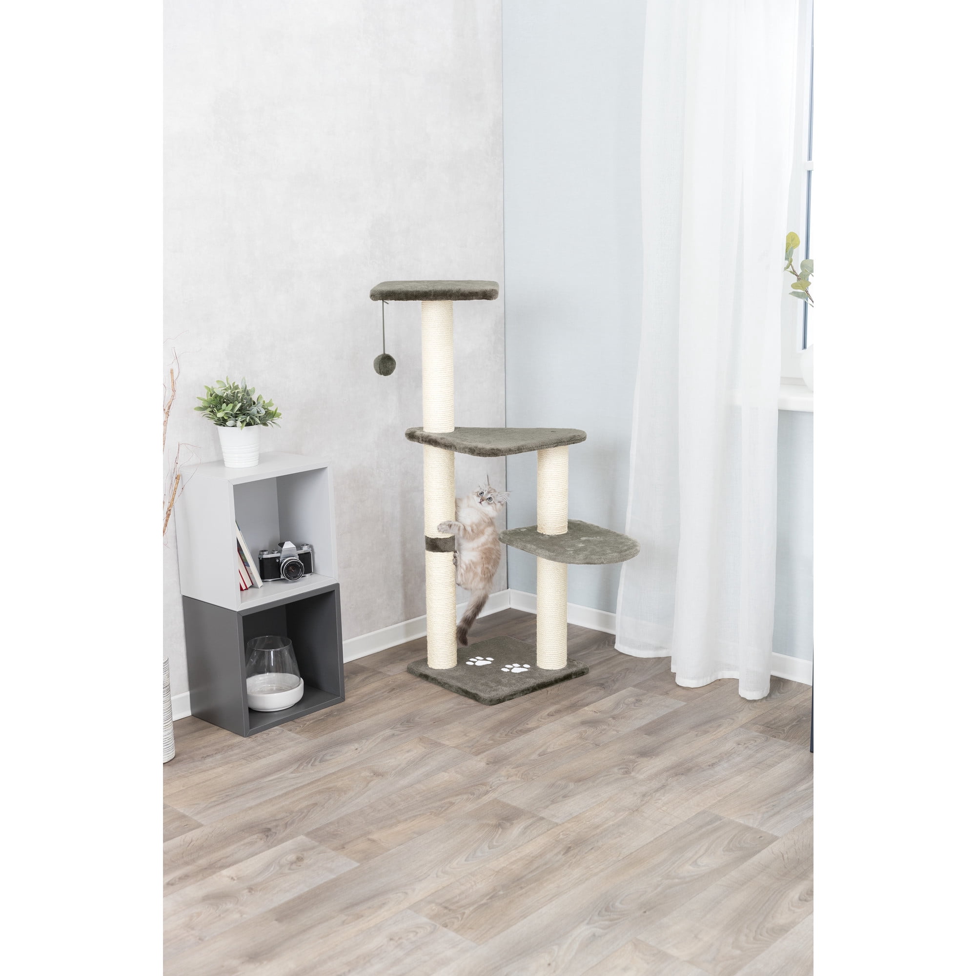 TRIXIE Altea Plush 3-Level 46.1" Cat Tree with Sisal Scratching Posts & Cat Toy, Gray