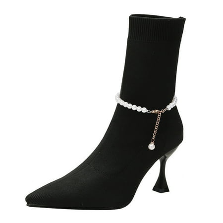 

TAIAOJING Boots For Women Ladies British Style Solid Color Pearl Chain Decorative Stretch Knit Thin High Heels Short Boots Fashion Shoes