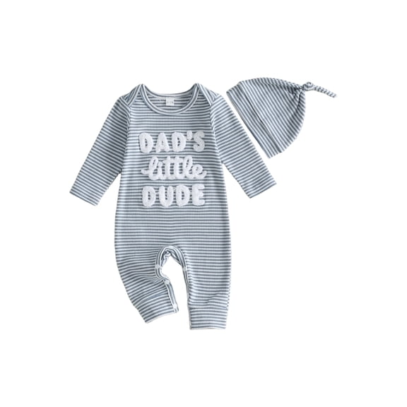 RUINIXCW Dad's Little Dude Baby Boy Fall Winter Outfit Romper Newborn Baby Boy Hospital Coming Home Outfit Waffled Striped Letter Long Sleeve Jumpsuit Hat Set