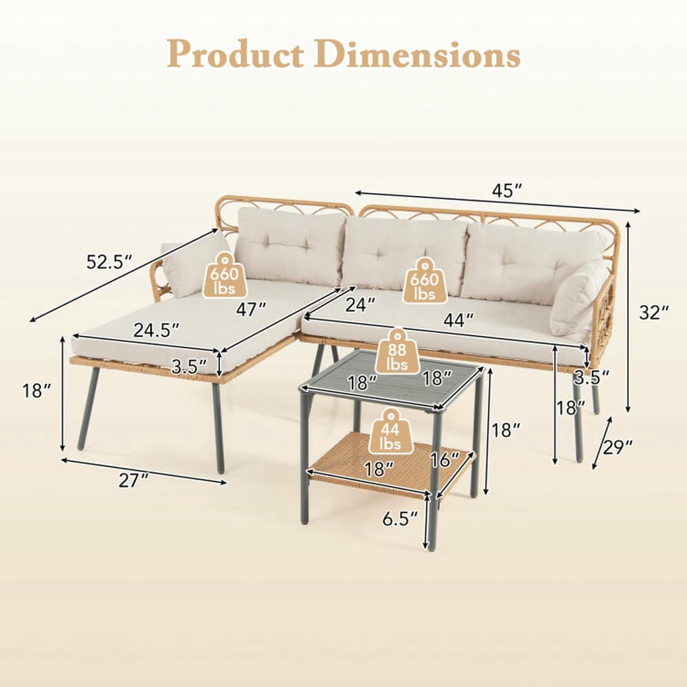 GVN Backyard Furniture Sets,Outdoor Furniture Sets,3 Pieces Corner Patio Furniture with Small Coffee Table-Beige