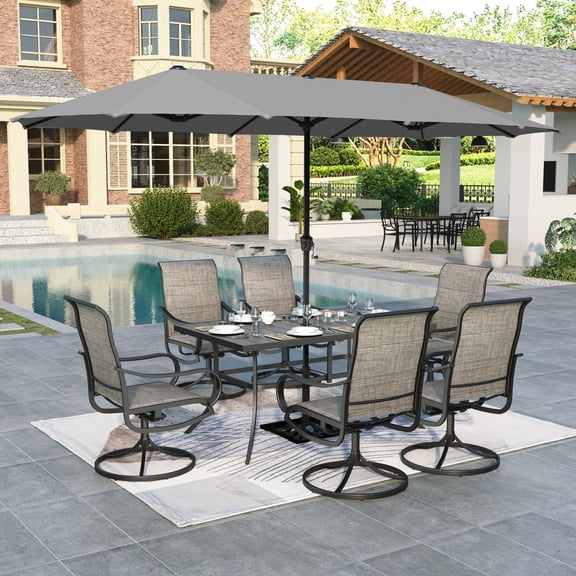 MF Studio 8-Piece Patio Dining Set with Umbrella, Outdoor Dining Set with High-Back Padded Swivel Chair, Grayish-Brown