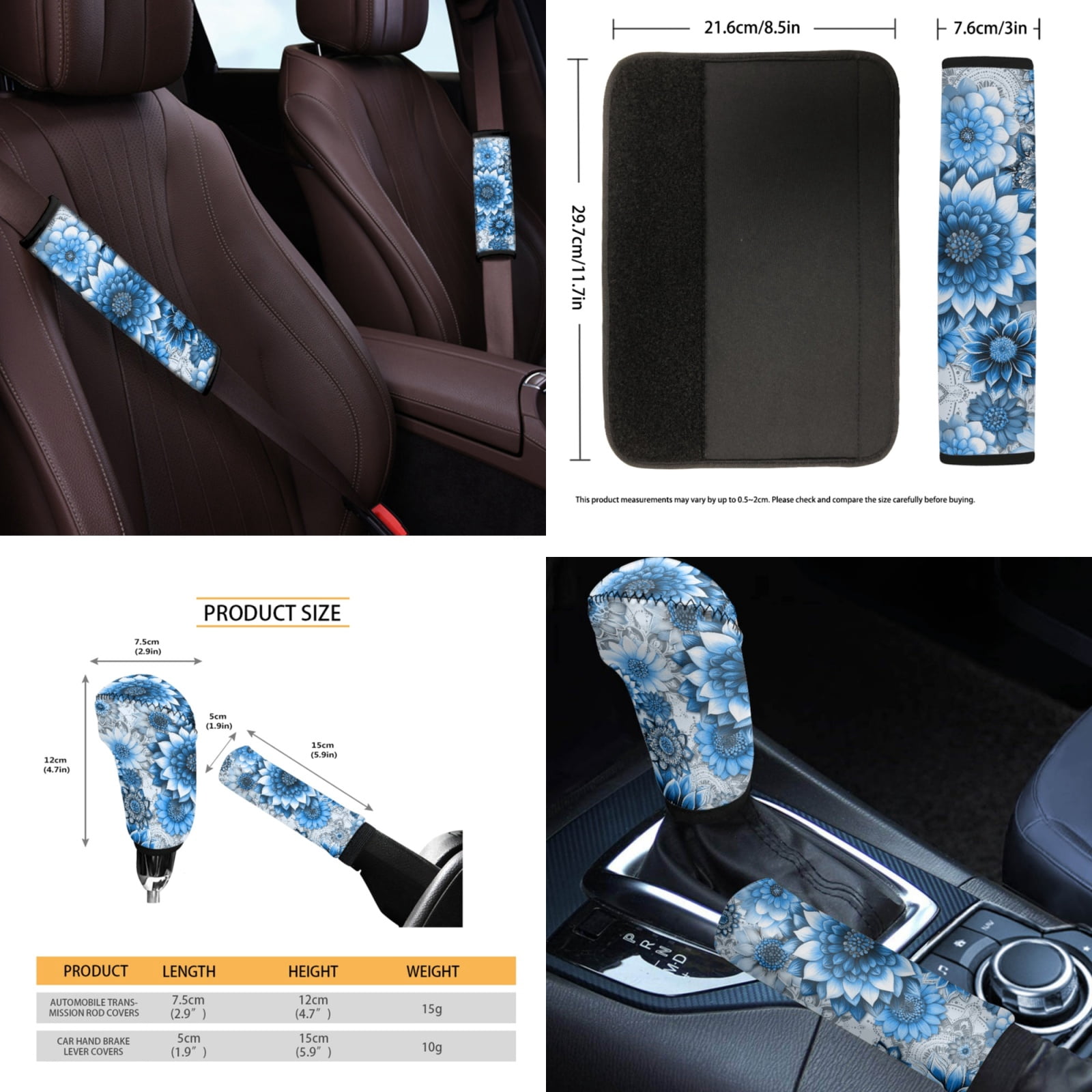 Yuyamidu Blue Dalia Car Seat Cover Set of 14 Boho Steering Wheel Cover Seat Belt Pads Waste Basket Bin Rearview Mirror Cover Cup Holder Center Console Cover Handbrake Cover Gear Shift Cover