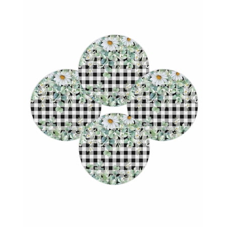 Round Placemats Set of 4 Daisy Floral Place Mats Washable Woven Placemat Green Eucalyptus Leaves Branch Black Plaid Circle Braided Table Mat for Kitchen Dining Table Party Home Decor 15 Inch