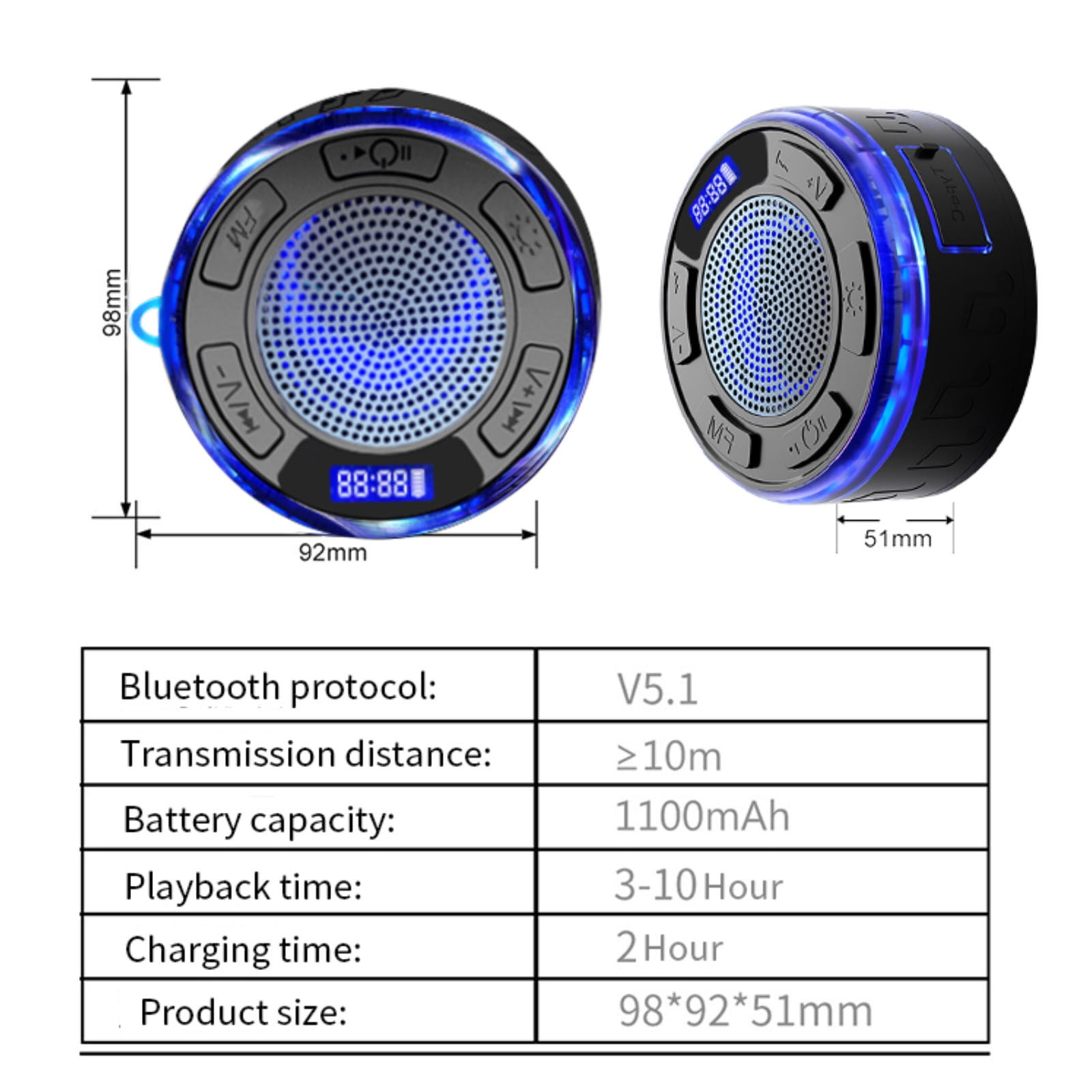 IPX7 Waterproof Bluetooth Speaker with Detachable Suction Cup, RGB Color Changing LED Shower Speaker, Portable Outdoor Speaker for Pool Beach and Camping, Wireless bluetooth audio