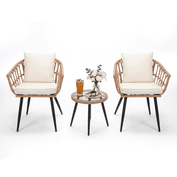MOLIBYME 3 Piece All Weather Wicker Patio Bistro Set, Outdoor Indoor PE Rattan Conversation Set with Chair and Table, Modern Furniture for Apartment Balcony Backyard Porch Lawn Pool