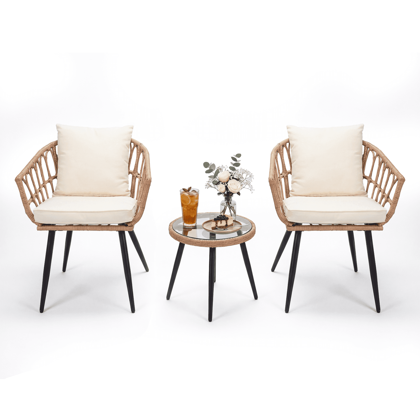MOLIBYME 3 Piece All Weather Wicker Patio Bistro Set, Outdoor Indoor PE Rattan Conversation Set with Chair and Table, Modern Furniture for Apartment Balcony Backyard Porch Lawn Pool