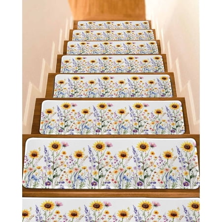 Sunflower Stair Treads for Wooden Steps Indoor Runner Rug Carpet Spring Floral Summer Botanical Pastoral 7 Pieces Peel and Stick Staircase Step Treads Covers Washable Throw Door Mats 30 x8