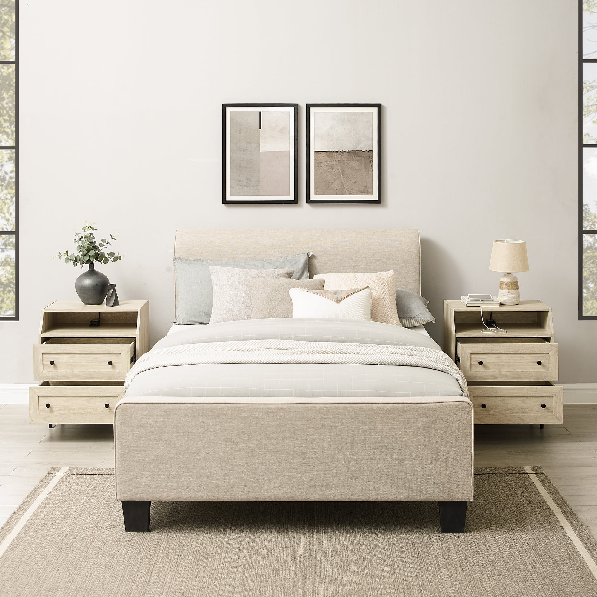 Walker Edison Modern 2 Drawer USB Port Nightstand, Set of 2, Birch