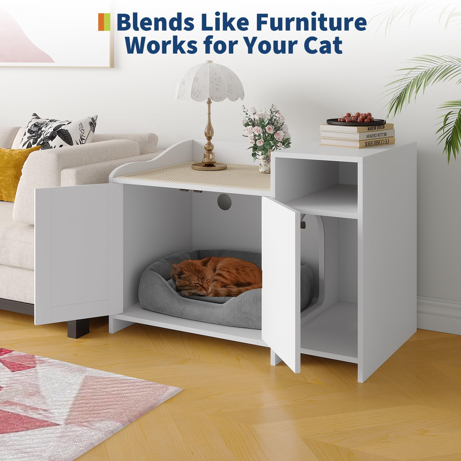 Soonbuy Cat Litter Box Enclosure Furniture, Hidden Litter Box Cabinet, Indoor Wooden Cat Washroom with Storage, Pet House, Dog Proof Hideaway Kitty Covered Litter Box Enclosure