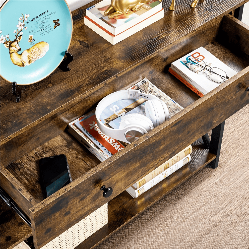 Alden Design Vintage Wood Console Table with Power Outlet & 1 Drawer for Entryway, Rustic Brown