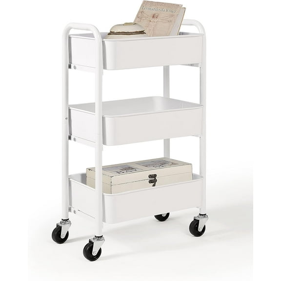 3-Tier Delicate Compact Rolling Metal Storage Organizer - Mobile Utility Cart Kitchen/Under Desk Cart with Caster Wheels - WHT (15.35" X 10.24" X 26.8"H)