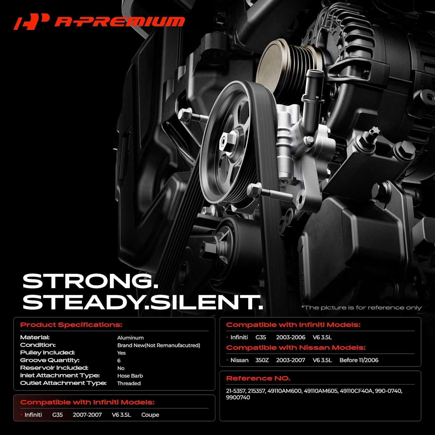 A-Premium Power Steering Pump, with Pulley, Compatible with Infiniti G35 & Nissan 350Z, 2003 2004 2005 2006 2007, 3.5L, Replace# 49110CF40A